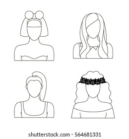 Set of vector black and white outline icons. Woman characters: sexy, princess, sporty, hippie. Infographics, web graphics