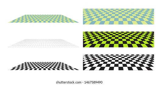 Set of vector black and white perspective floor elements. Chess board backgrouns