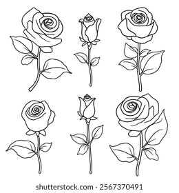 Set of vector black white of rose flowers isolated on a white background