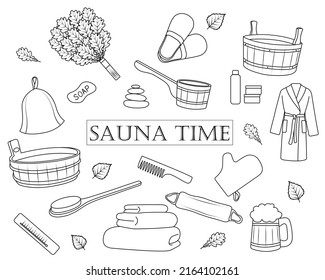 set of vector black and white sauna time icons sketch 