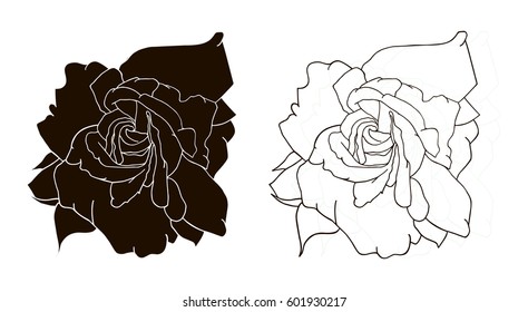 Set of vector black and white silhouettes of rose flowers isolated on a white background. Monochrome logo