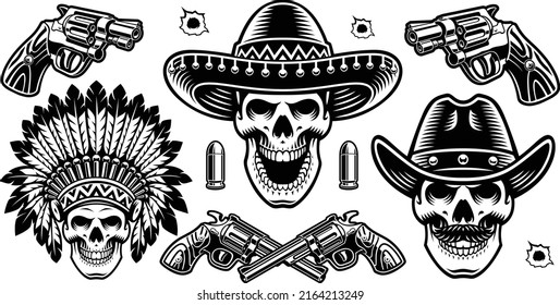 a Set of vector black and white skulls in different hats with guns