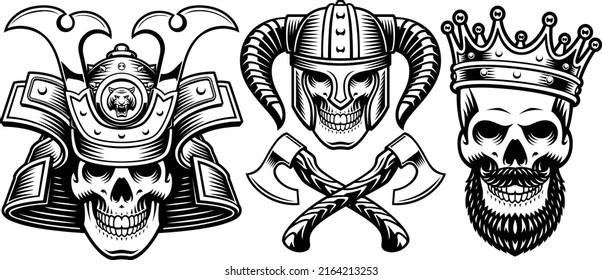 a Set of vector black and white skulls characters such as a samurai, a viking and king