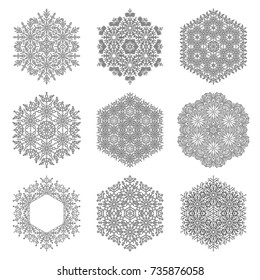Set of vector black and white snowflakes. Fine winter ornaments. Snowflakes collection. Snowflakes for backgrounds and designs