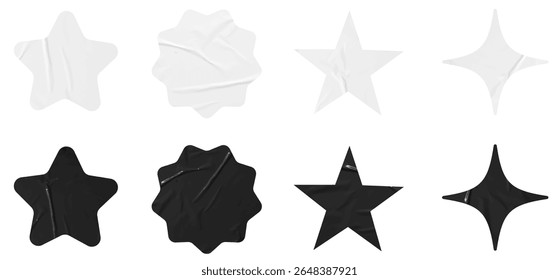 Set of vector black and white stars paper stickers mockup. Blank labels of different shapes, Wrinkled paper emblems. Copy space. Stickers or patches for preview tags, labels
