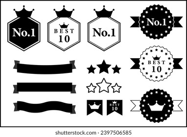 Set of vector black and white stickers for discounts and promotions. Round badges for business and best sellers and best products. Stars, ribbons, flags, crowns