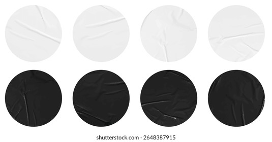 Set of vector black and white stickers mockup. Blank labels of different shapes, circle wrinkled paper emblems. Copy space. Stickers or patches for preview tags, labels