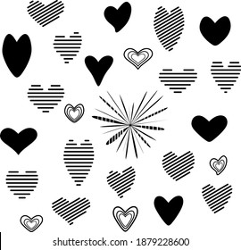 Conjunto de vectores de corazones estilizados en blanco y negro.