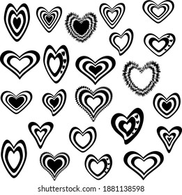 Set of vector black and white stylized hearts.