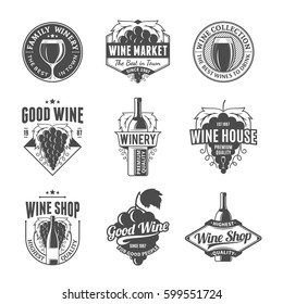 Set of vector black and white wine logo, icons and design elements