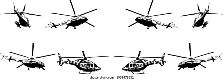 A set of vector black-and-white images of various helicopter models. Civilian and military helicopters