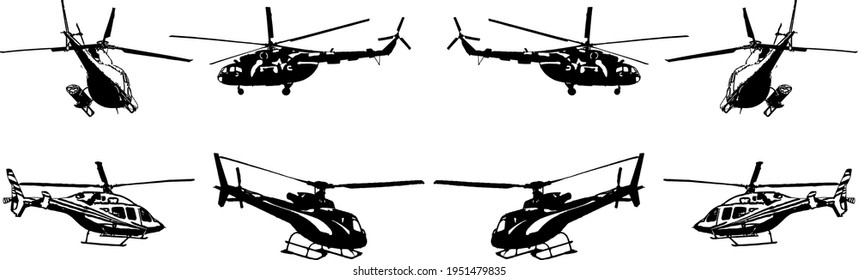 A set of vector black-and-white images of various helicopter models. Civilian and military helicopters