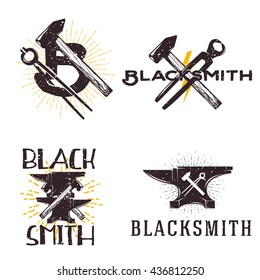 set of vector blacksmith related logos. Blacksmith, metal works badge, logo, design elements, emblems, signs, symbols, labels. Vintage style.