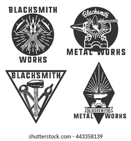 Set of vector blacksmith related logos. metal works badge, logo, design elements, emblems, signs, symbols, labels Vintage style