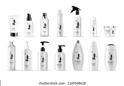 Set vector blank and clean white plastic containers: 
bottles with spray, dispenser and dropper, cream jar, tube. 
Realistic 3d mockup of cosmetic package.