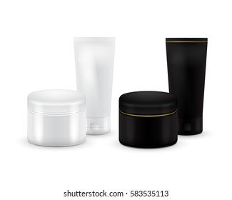 Set of vector Blank Cosmetic Container for Cream, Powder or Gel. Black and white color. Cosmetic container. Mock up. Tube Of Toothpaste, Cream, Serum or Clean. Product Packing