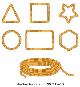 set of vector blank frames in the shape of a heart, star, round, square, oval, rectangle. Vector brush style nautical rope