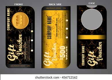 Set of vector blank gift voucher with case to increase sales with pattern on a black and gold background.