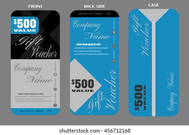 Set of vector blank gift voucher with case to attract new customer on blue and gray background.