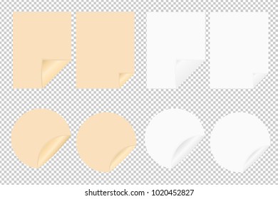 Set of vector blank leaf of paper and round stickers with bent corners on transparent background. Craft blank. Round paper. Sticky note isolated on transparent background. Template for your projects