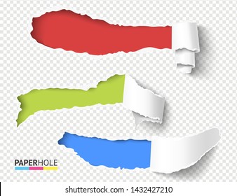 Set of vector blank realistic rip off paper curly scroll pieces with torn hole edges on a transparent background for a sale advert empty banner revealing advertisement message rgb concept.