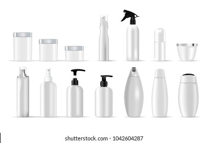 Set vector blank templates of empty and clean white plastic containers: 
bottles with spray, dispenser and dropper, cream jar, tube. 
Realistic 3d mockup of cosmetic package.