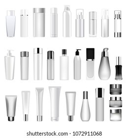 Set vector blank templates of empty and clean white plastic containers bottles with spray, dispenser and dropper, cream jar, tube. Realistic 3d mock-up of cosmetic package.