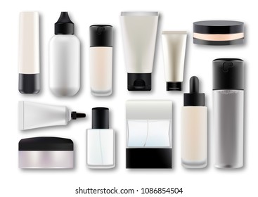 Set vector blank templates of empty white plastic realistic containers:bottles with spray,dispenser and dropper,cream jar,tube.Realistic 3d mock-up of cosmetic package.Photorealistic illustration.