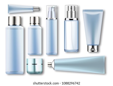 Set vector blank templates of empty blue silver plastic,glass realistic containers:bottles with spray,dispenser and dropper,cream jar,tube.3d mock-up of cosmetic package.Photorealistic illustration.