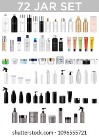 Set vector blank templates of empty and clean multicolor plastic and glass containers: 
bottles with spray, dispenser and dropper, cream jar, tube. 
Realistic 3d mockup of cosmetic package. Vector ill