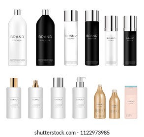 Set vector blank templates of empty and clean multicolor plastic and glass containers: 
bottles with spray, dispenser and dropper, cream jar, tube. 
Realistic 3d mockup.
