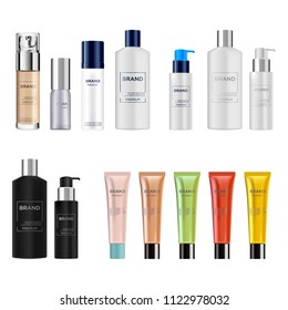 Set vector blank templates of empty and clean multicolor plastic and glass containers: 
bottles with spray, dispenser and dropper, cream jar. 
Realistic 3d mockup.