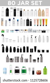 Set vector blank templates of empty and clean multi-color plastic and glass containers: bottles with spray, dispenser and dropper, cream jar, tube. Realistic 3D mock-up of cosmetic package. EPS 10