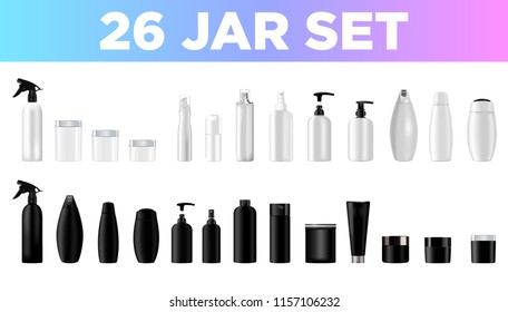 Set vector blank templates empty and clean blackand white plastic and glass containers: 
bottles with spray, dispenser and dropper, cream jar, tube. 
Realistic mockup of cosmetic package.