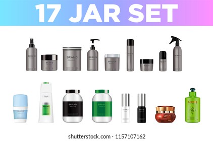 Set vector blank templates empty and clean multicolor plastic and glass containers: 
bottles with spray, dispenser and dropper, cream jar, tube. 
Realistic mockup of cosmetic package.