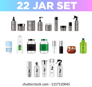 Set vector blank templates empty and clean multicolor plastic and glass containers: 
bottles with spray, dispenser and dropper, cream jar, tube. 
Realistic mockup of cosmetic package.