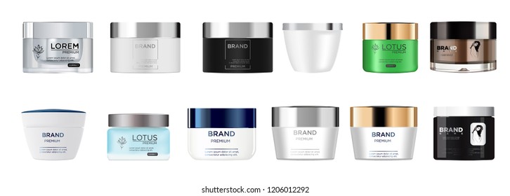 Set vector blank templates of empty and clean multicolor plastic and glass containers: 
bottles, cream jar. 
Realistic 3d mockup. EPS 10.