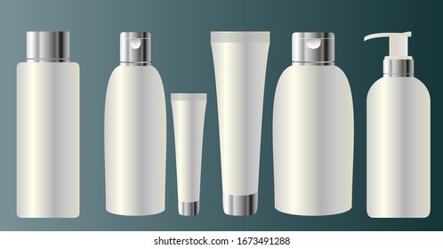 Set vector blank templates of empty and clean white plastic containers: bottles with spray and dropper, cream jar, tube. Realistic 3d mock-up of cosmetic package.