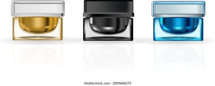 Set vector blank templates of empty and clean multicolor plastic and glass containers: bottles, cream jar.