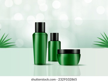 Set vector blank templates of empty and clean white plastic containers: bottles with spray, dispenser and dropper, cream jar, tube. Cosmetic package.