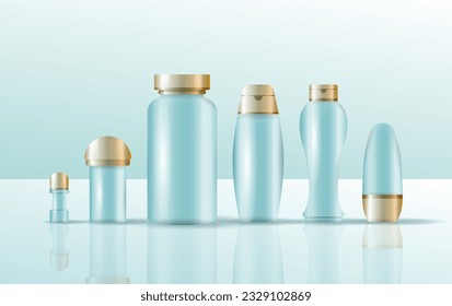 Set vector blank templates of empty and clean white plastic containers: bottles with spray, dispenser and dropper, cream jar, tube. Cosmetic package.