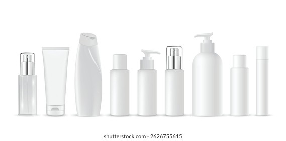 Set vector blank templates of empty and clean white plastic containers: bottles with spray, dispenser and dropper, cream jar, tube. Realistic 3d mock-up of cosmetic package.
