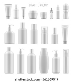 Set vector blank templates of empty and clean white plastic containers: bottles with spray, dispenser and dropper, cream jar, tube. Realistic 3d mock-up of cosmetic package.