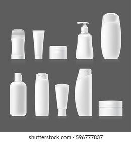 Set vector blank templates of empty and clean white plastic containers: bottles with spray, dispenser, cream jar, tube. Realistic mock-up of cosmetic package. Isolated on gray background.