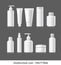 Set vector blank templates of empty and clean white plastic containers: bottles with spray, dispenser, cream jar, tube. Realistic mock-up of cosmetic package. Isolated on gray background.