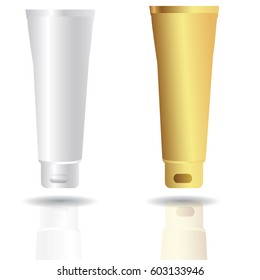Set vector blank templates of empty and clean white plastic container for bottles with spray, dispenser and dropper, cream jar, tube.