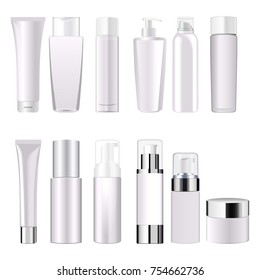 Set vector blank templates of empty and clean white plastic containers: bottles with spray, dispenser and dropper, cream jar, tube. Realistic 3d mock-up of cosmetic package.