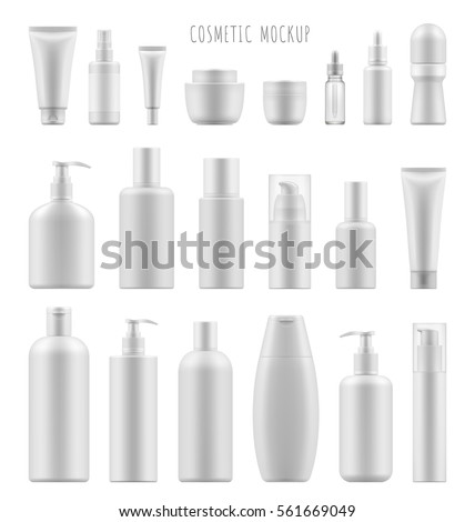 Set vector blank templates of empty and clean white plastic containers: bottles with spray, dispenser and dropper, cream jar, tube. Realistic 3d mock-up of cosmetic package.