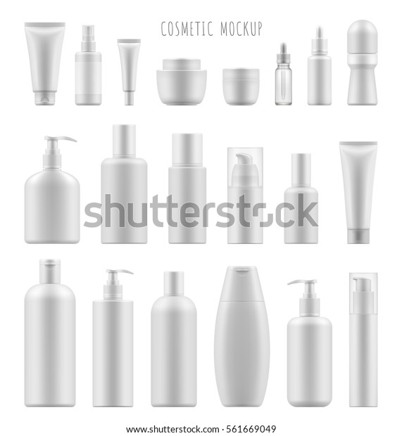 Set vector\
blank templates of empty and clean white plastic containers:\
bottles with spray, dispenser and dropper, cream jar, tube.\
Realistic 3d mock-up of cosmetic\
package.