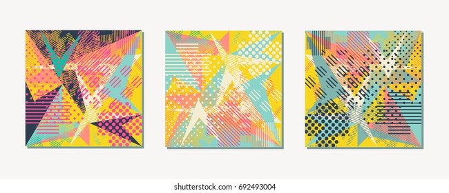 Set of vector blanks for postcards or banners. Illustration with pop art background. Composition of dots, lines and spots, triangles and sharp corners. Pleasant colors for the decoration of cards.
